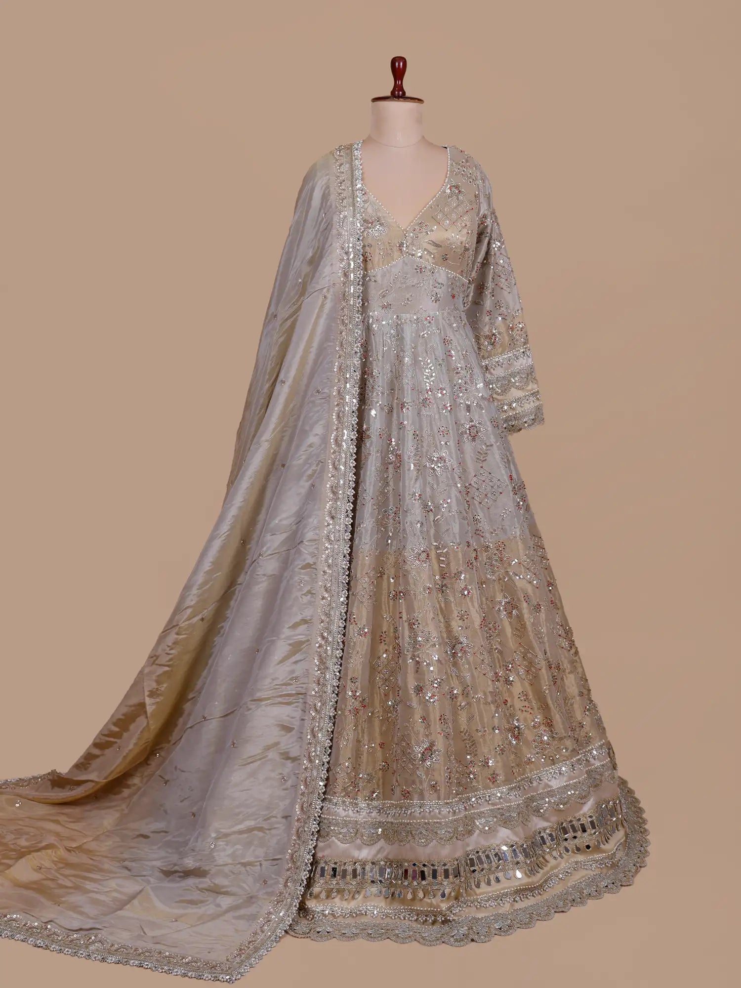 Dual Tone Shimmer Traditional Anarkali Gown With Rich Pearl Accents