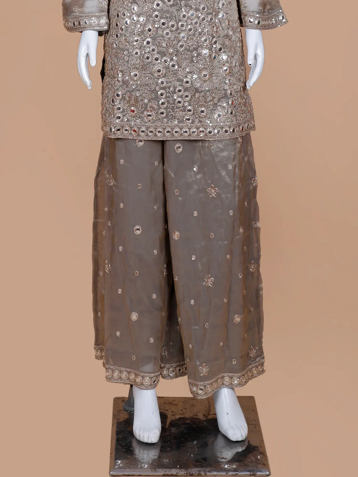 Elevate Grey Shimmer Silk Traditional Palazzo Suit Showcasing Mirror Work