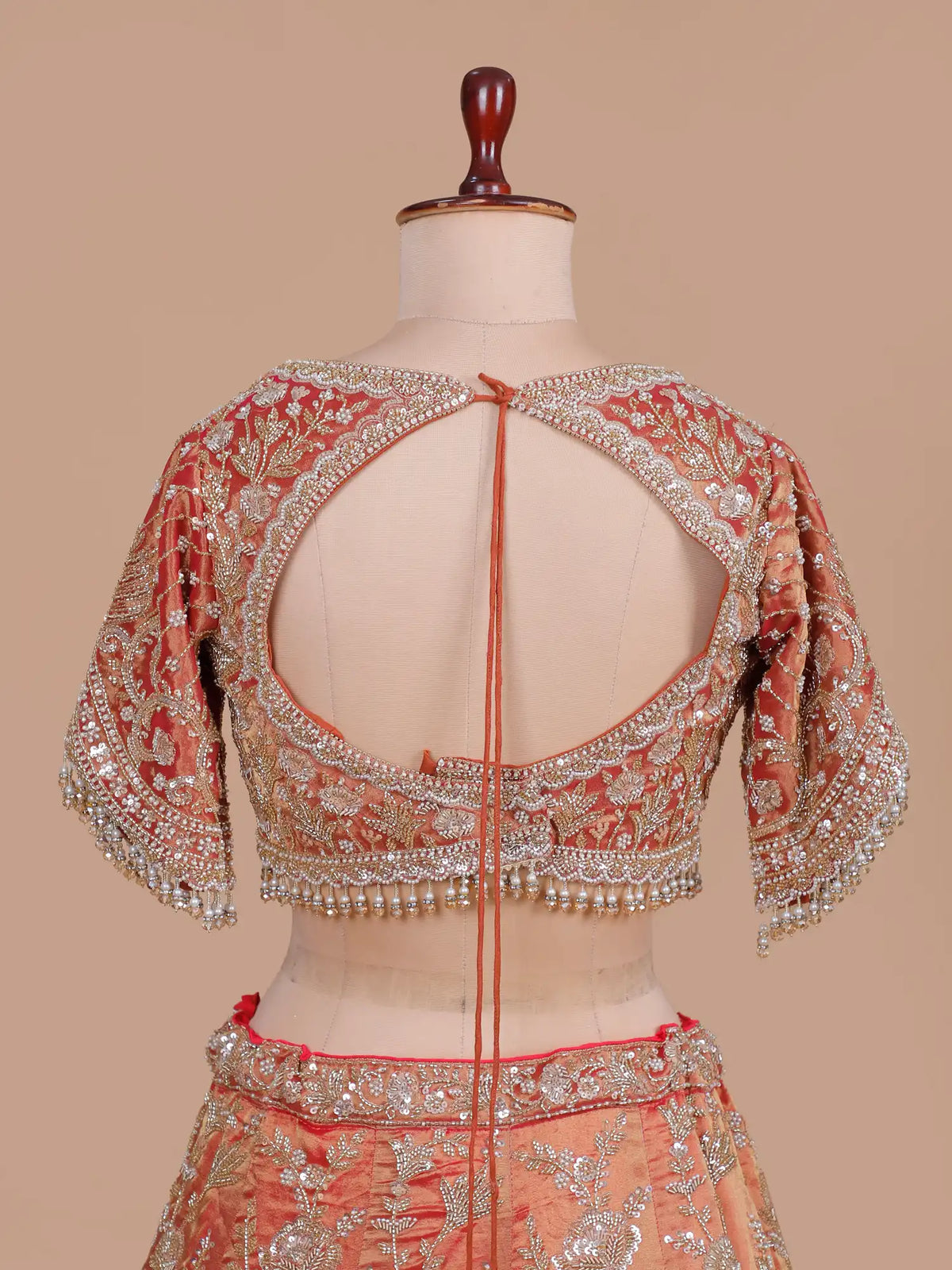 Rust Orange Shimmer Silk Lehenga Choli with Pearl Work