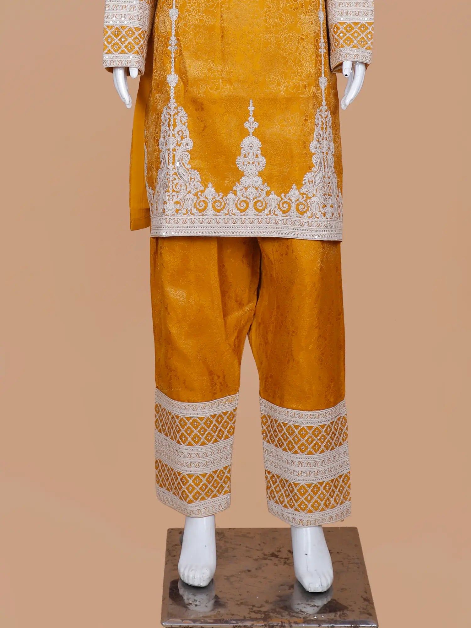 Style Mustard Yellow Banarasi Silk Suit Showcasing White Work
