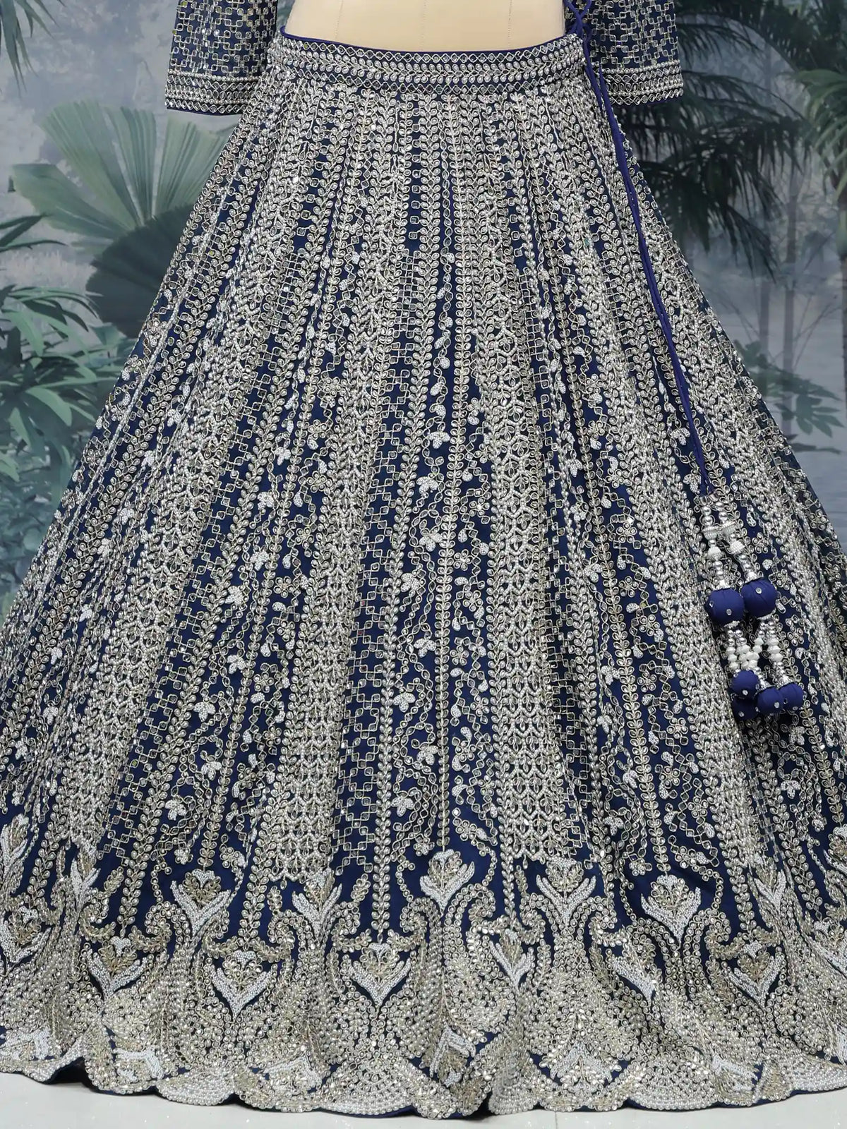 Navy Blue Designer Net Lehenga Choli Featuring Paisley Mirror Embroidery
