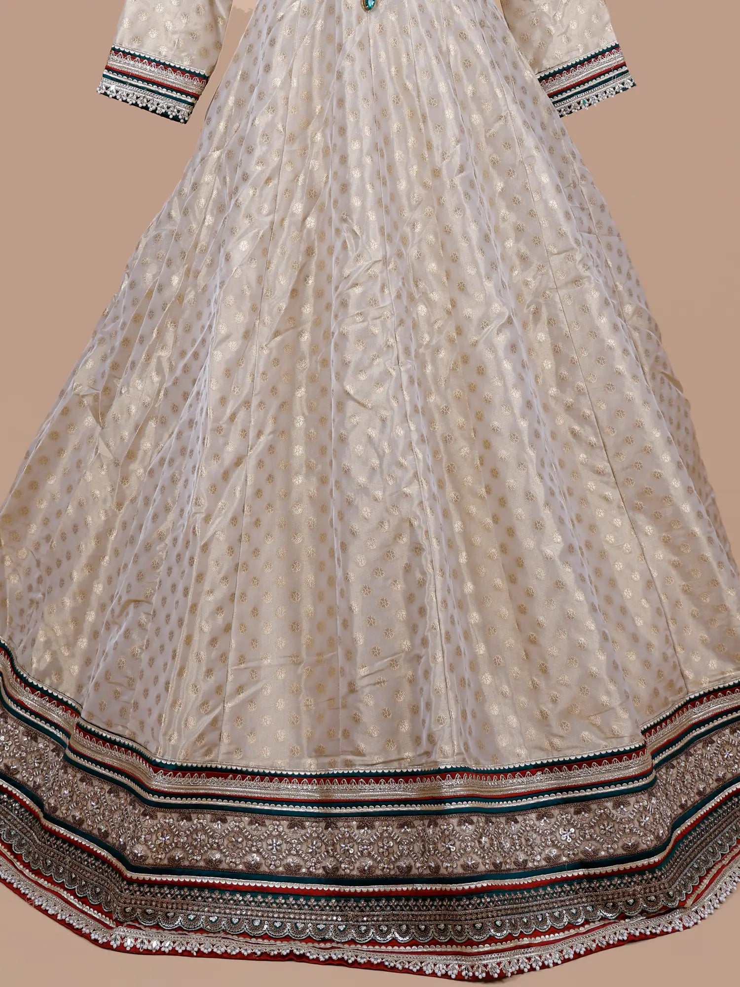 Luxury Off White Banarasi Silk Anarkali Gown Stone Work