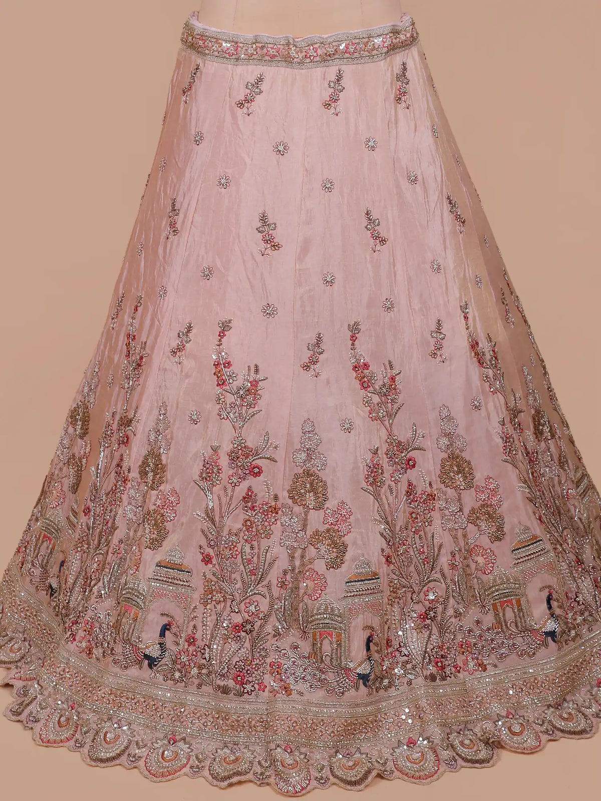 Light Peach Silk Lehenga with Multicolor Floral and Peacock Embroidery