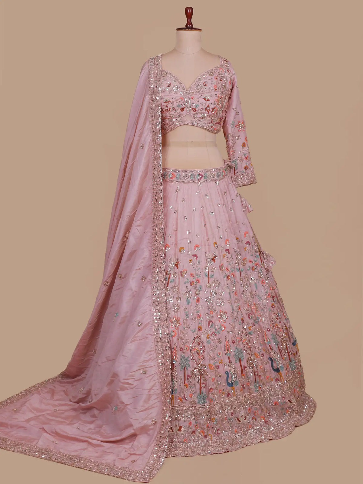 Enchanting Pink Shimmer Silk Lehenga Choli Featuring Peacock And Tree Detailing