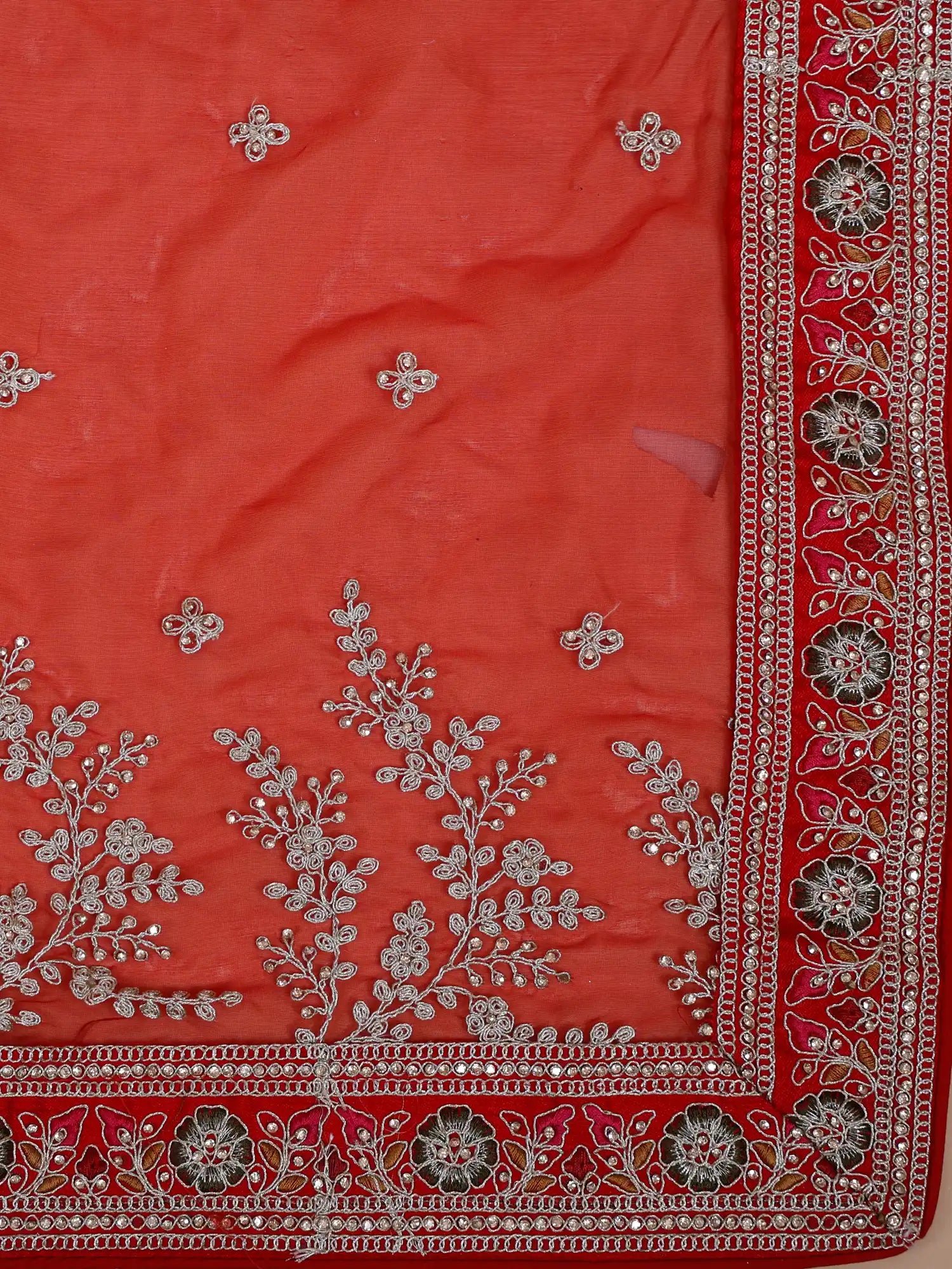 Designer Red Raw Silk Bridal Lehenga With Diamond Work