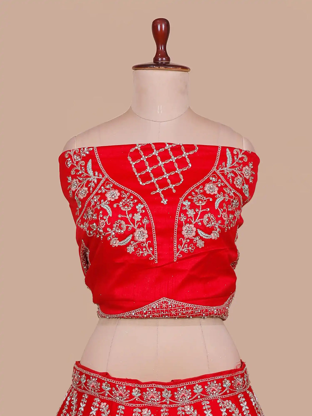 Buy Red Silk Bridal Lehenga with Floral Panels and Embellished Blouse