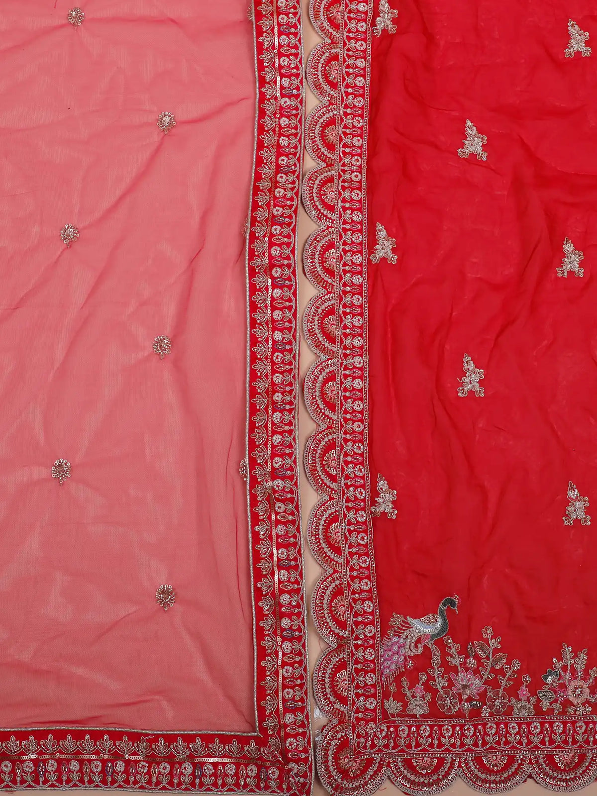 Luxury Rani Red Silk Lehenga with Doli Ceremony and Peacock Embroidery