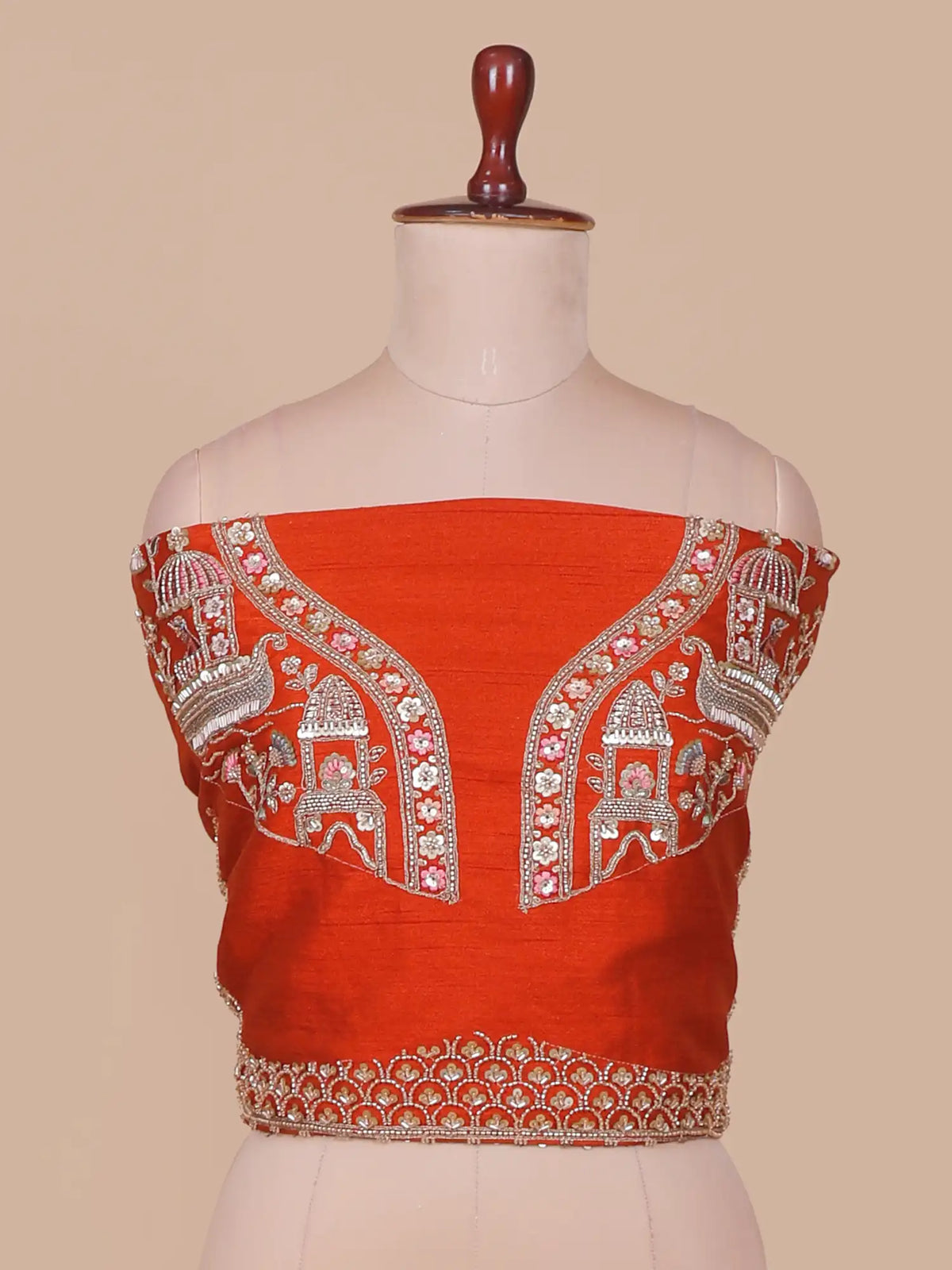 Luxury Rust Orange Bridal Lehenga with Domed Boats and Floral Embroidery