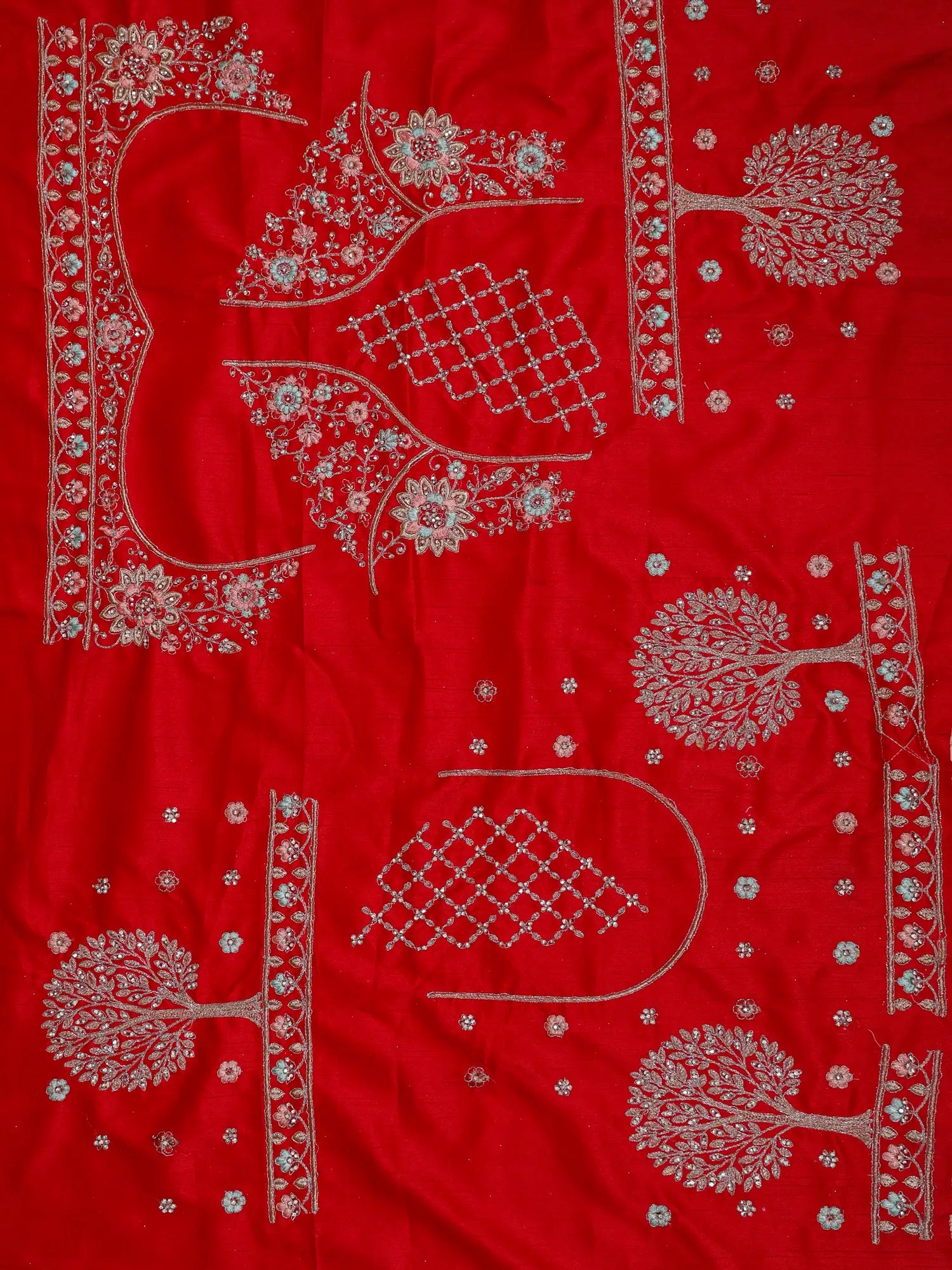Red Royalty Silk Unstitched Bridal Lehenga Showcasing Tree Embroidery