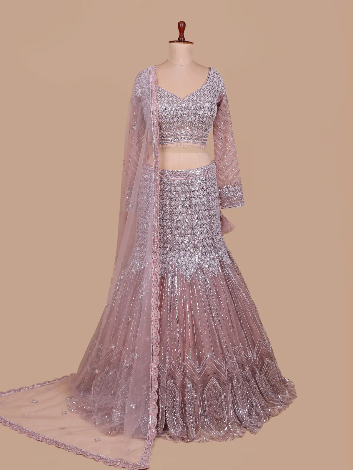 Onion Pink Embellished Mermaid Lehenga With White Pearl Beads And Moti