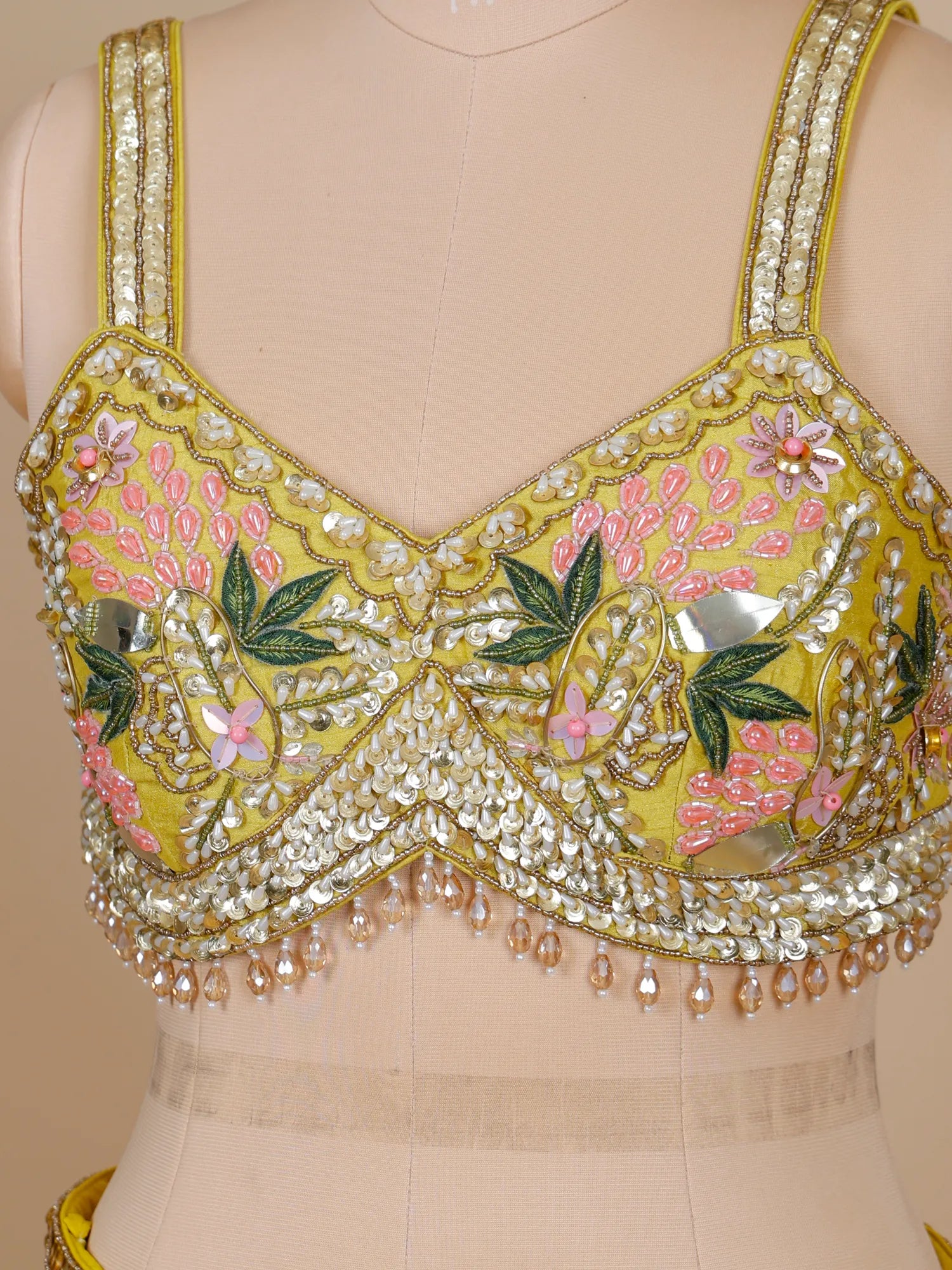 Buy Yellow Raw Silk Sequins Pearl Work Haldi Lehenga Online