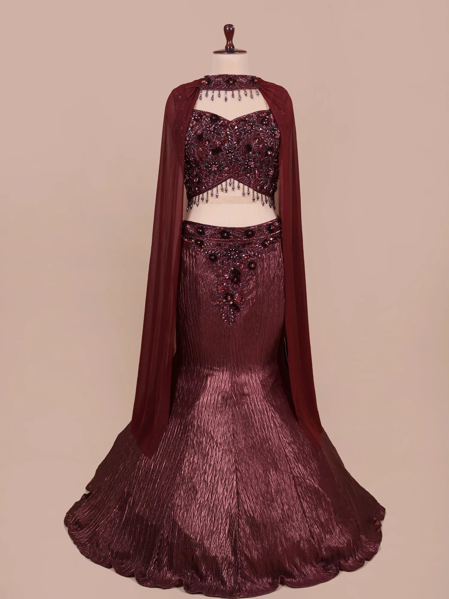 Royal Cherry Maroon Fishcut Lehenga With Crystal Design