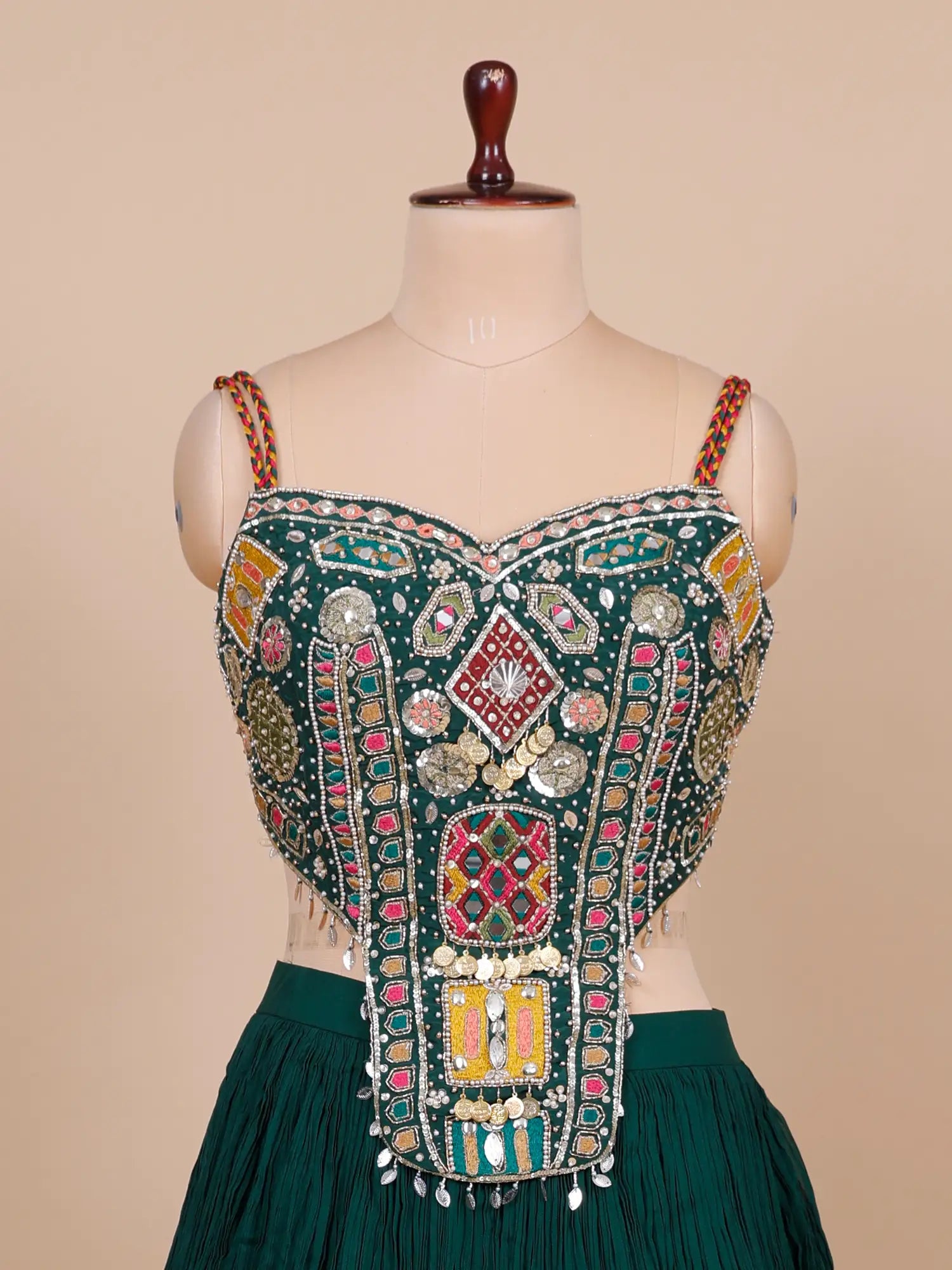 Premium Dark Green Chinon Lehenga Choli With Pearl Design