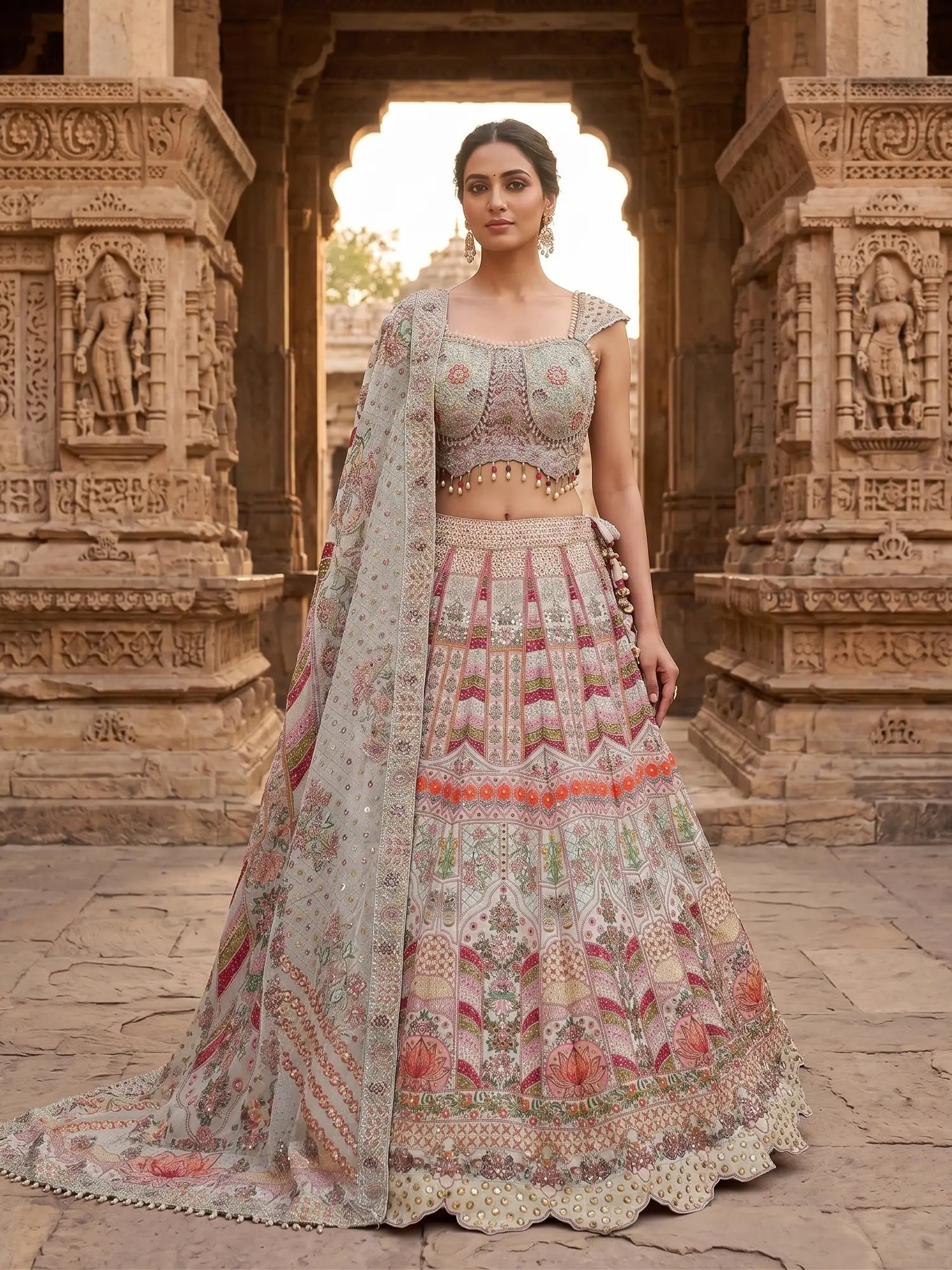 Trending Designer Multi Silk Lehenga Set Pearl Sequins Work
