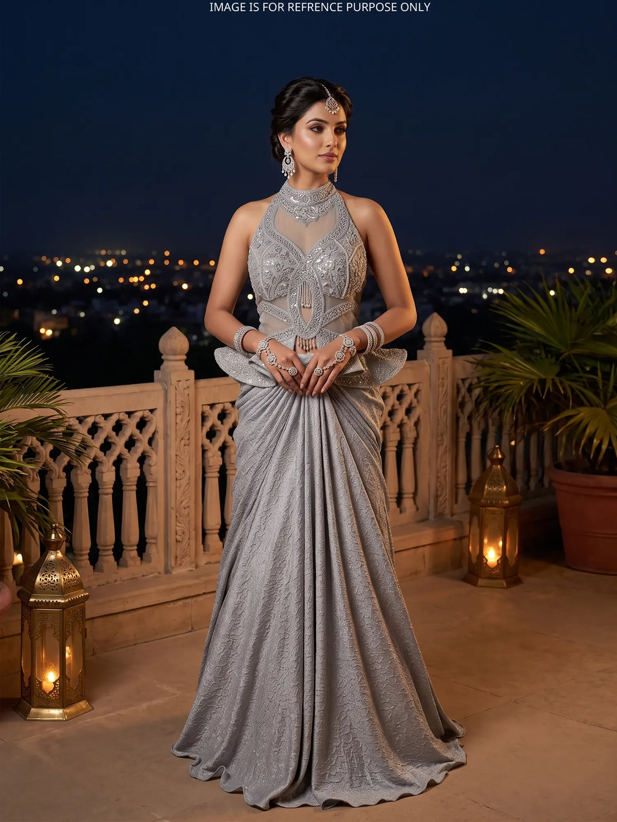 Trending Grey Imported Ready To Wear Saree With Choker Dupatta