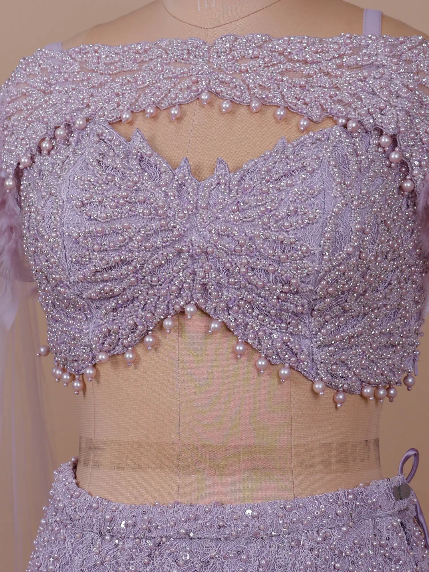 Designer Lilac Imported Net Lehenga With Feather Pearl Work