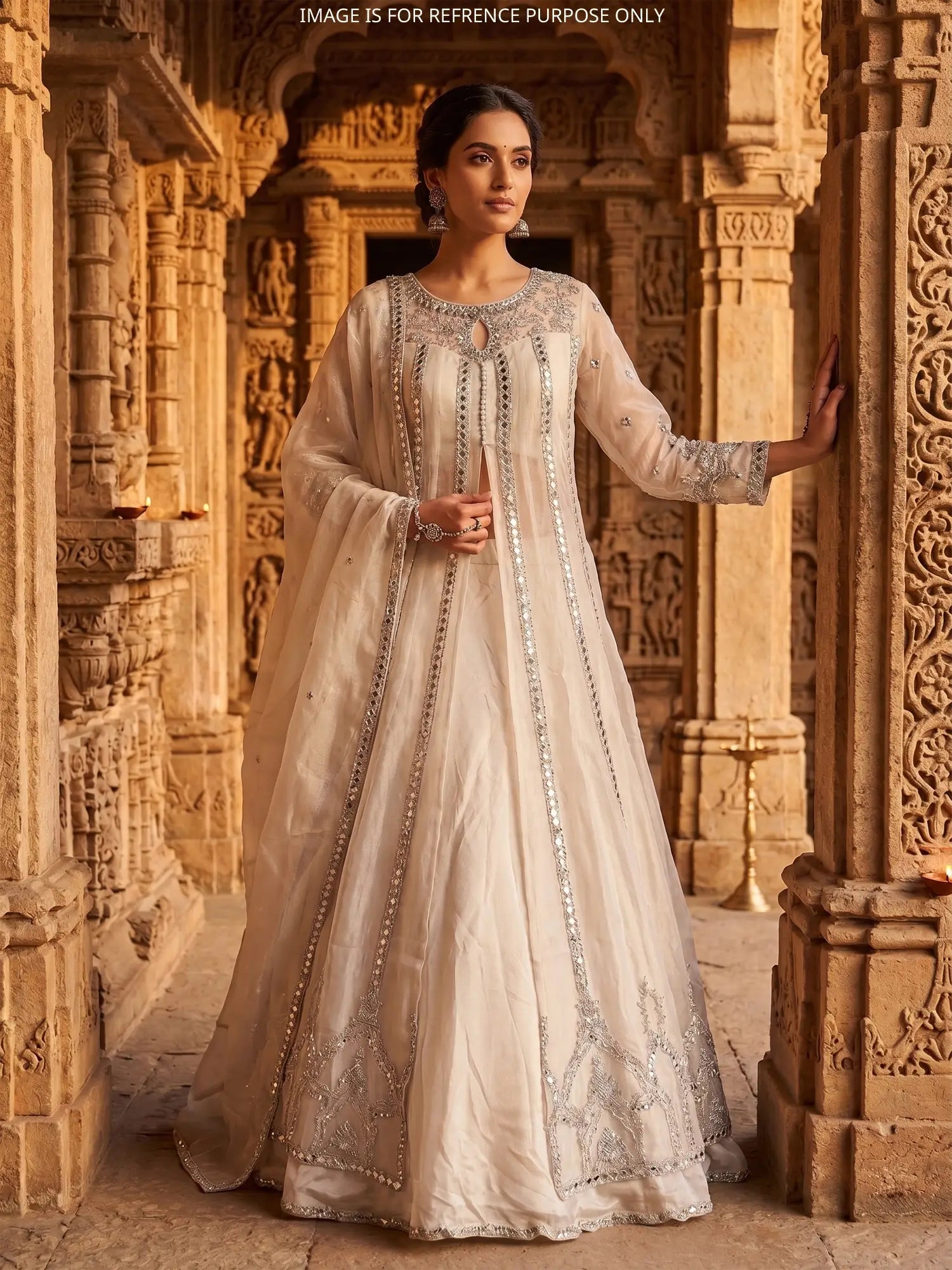 Trending Off White Shimmer Indo Western Lehenga With Resham Work