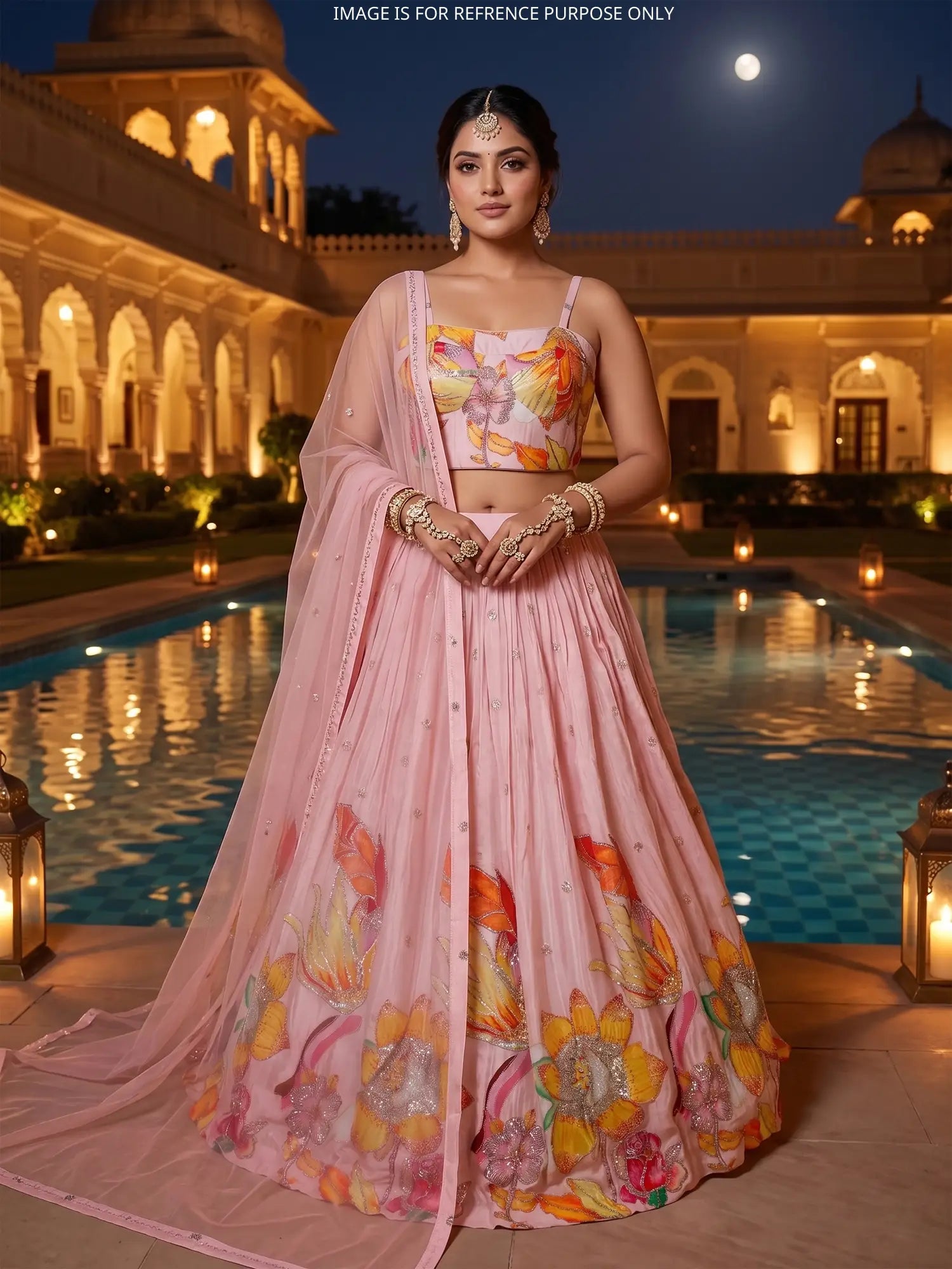 Trending Pink Crepe Silk Party Wear Lehenga With Sequins Design