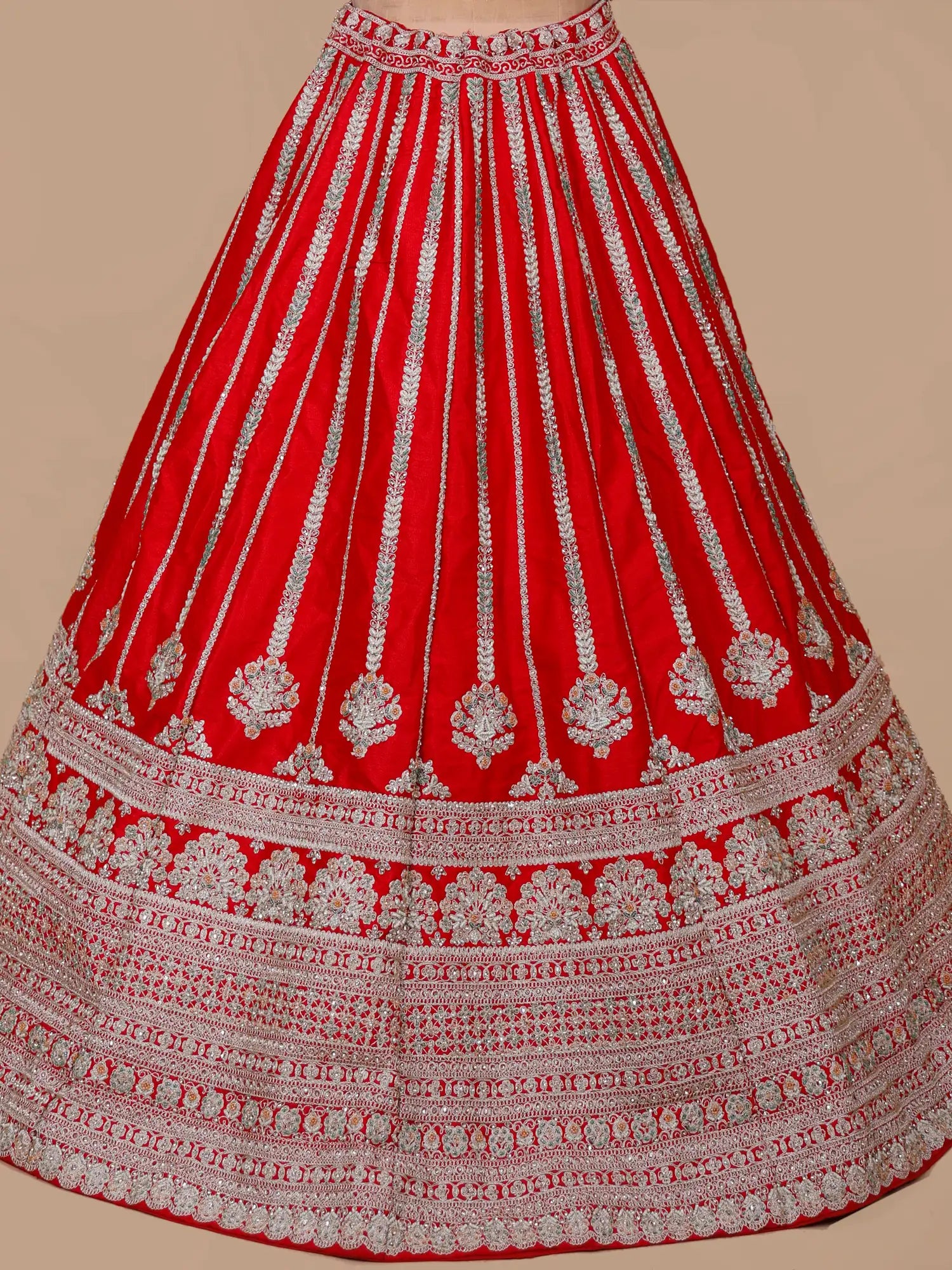 Get Trending Red Raw Silk Wedding Lehenga Multi Thread Diamond Work