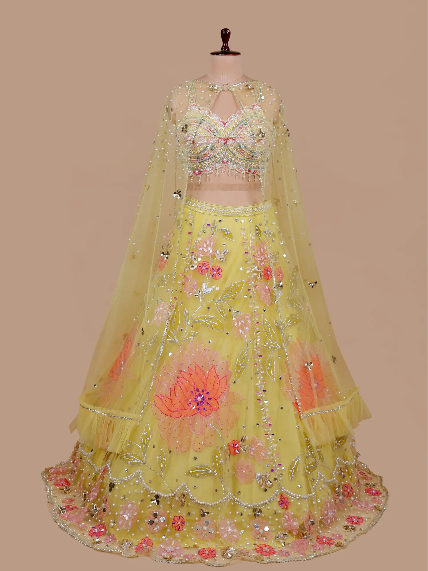 Wedding Wear Yellow Net Lehenga With Cut Dana Work
