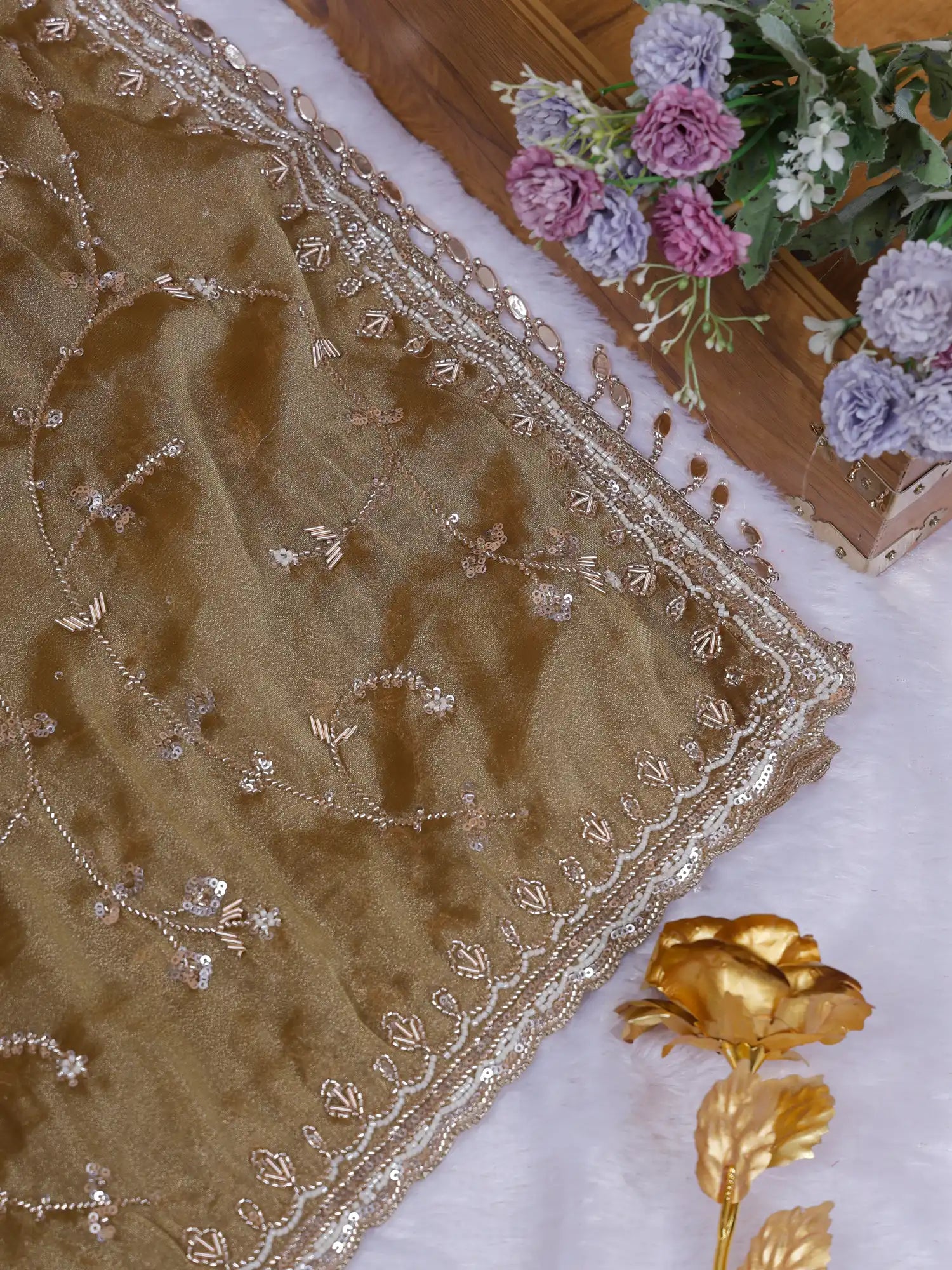 Shop Imperial Antique Gold Organza Saree With Designer Finish