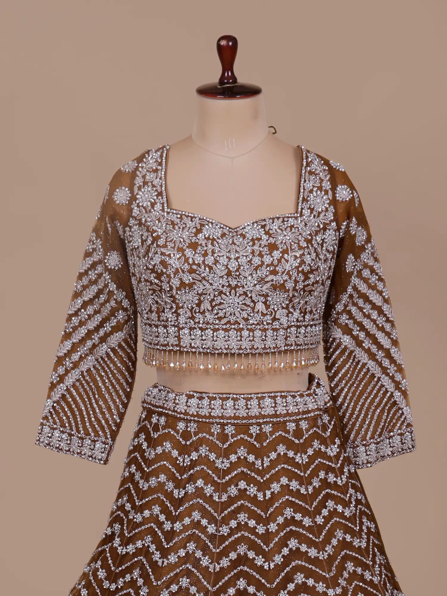 Shop Luxury Brown Net Lehenga Choli With Designer Embroidery For Wedding Functions