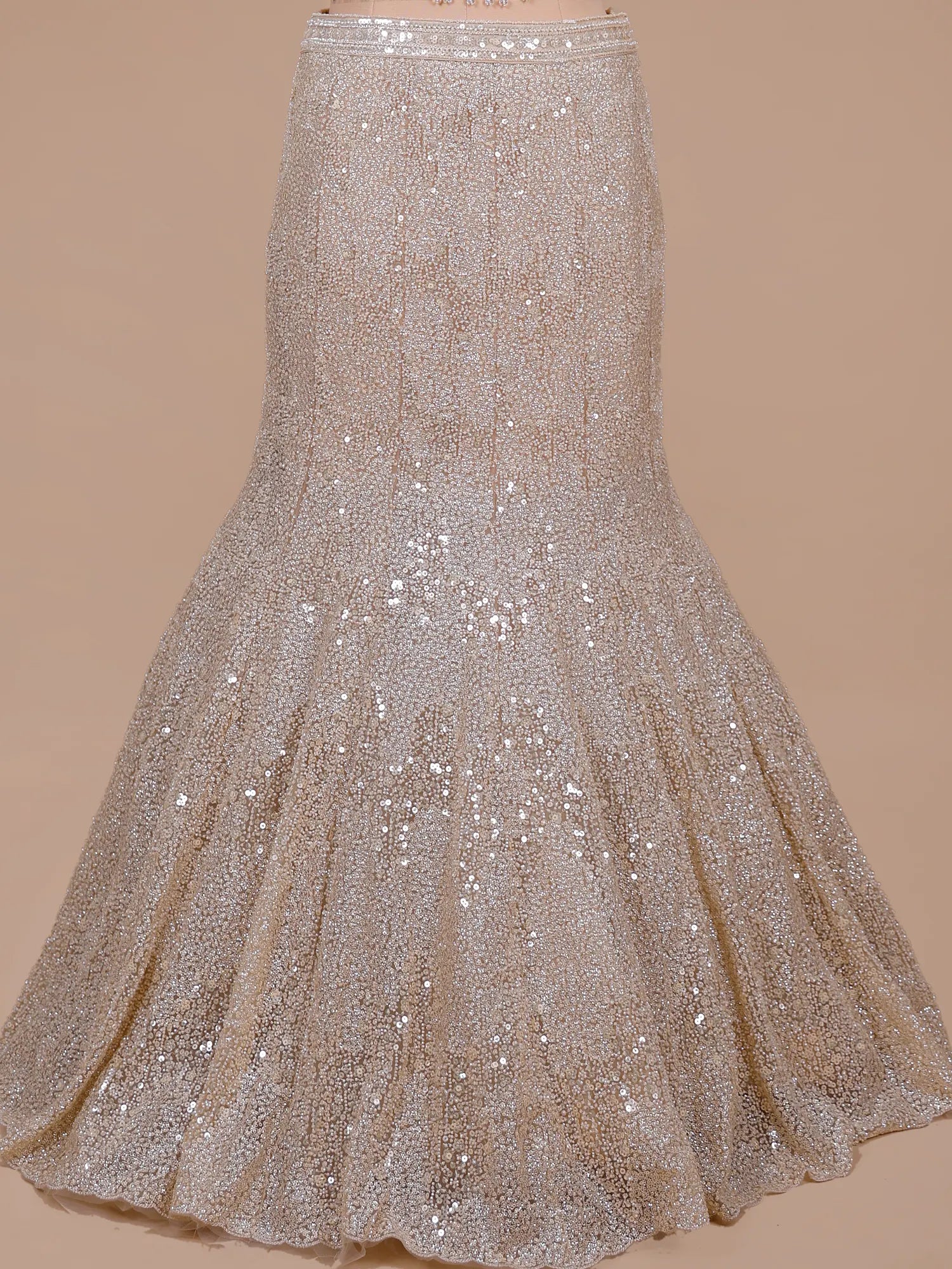 Shop Premium Champagne Net Fishcut Lehenga With Sequins Work