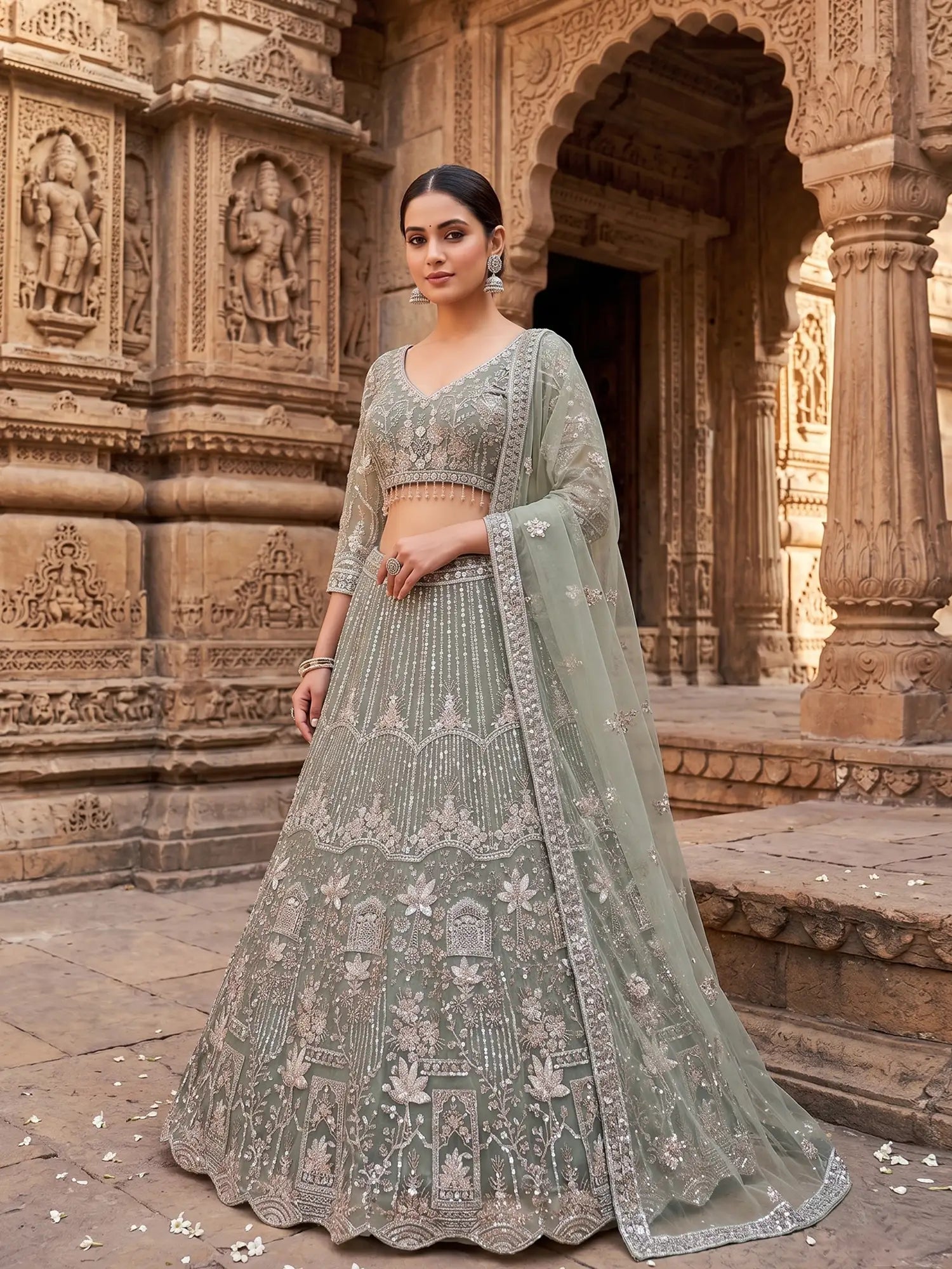 Trendy Sage Green Net Lehenga Set For Party And Wedding Wear