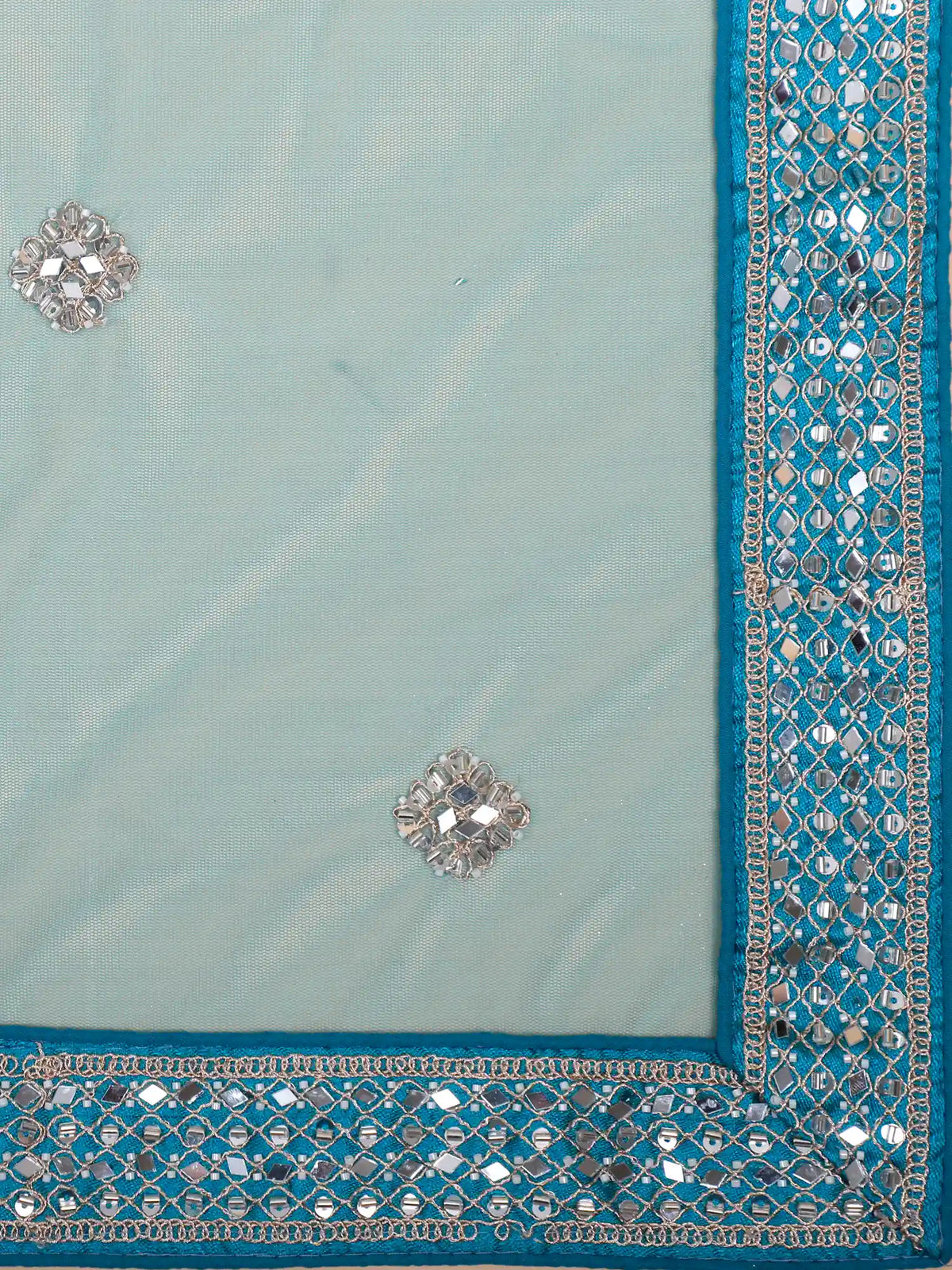Turquoise Blue Designer Silk Lehenga Featuring Silver Arches and Mirror Work