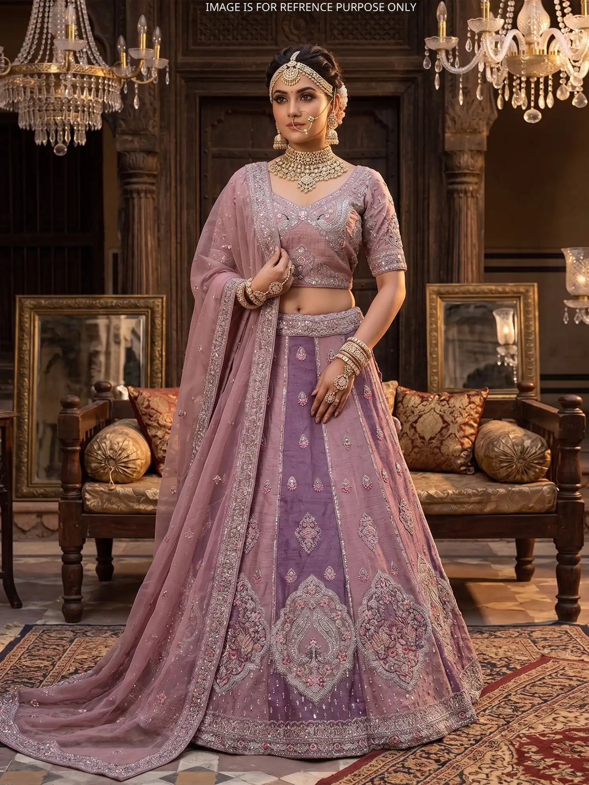 Twin Shade Purple Pink Unstitched Silk Lehenga With Elephant Peacock Motifs