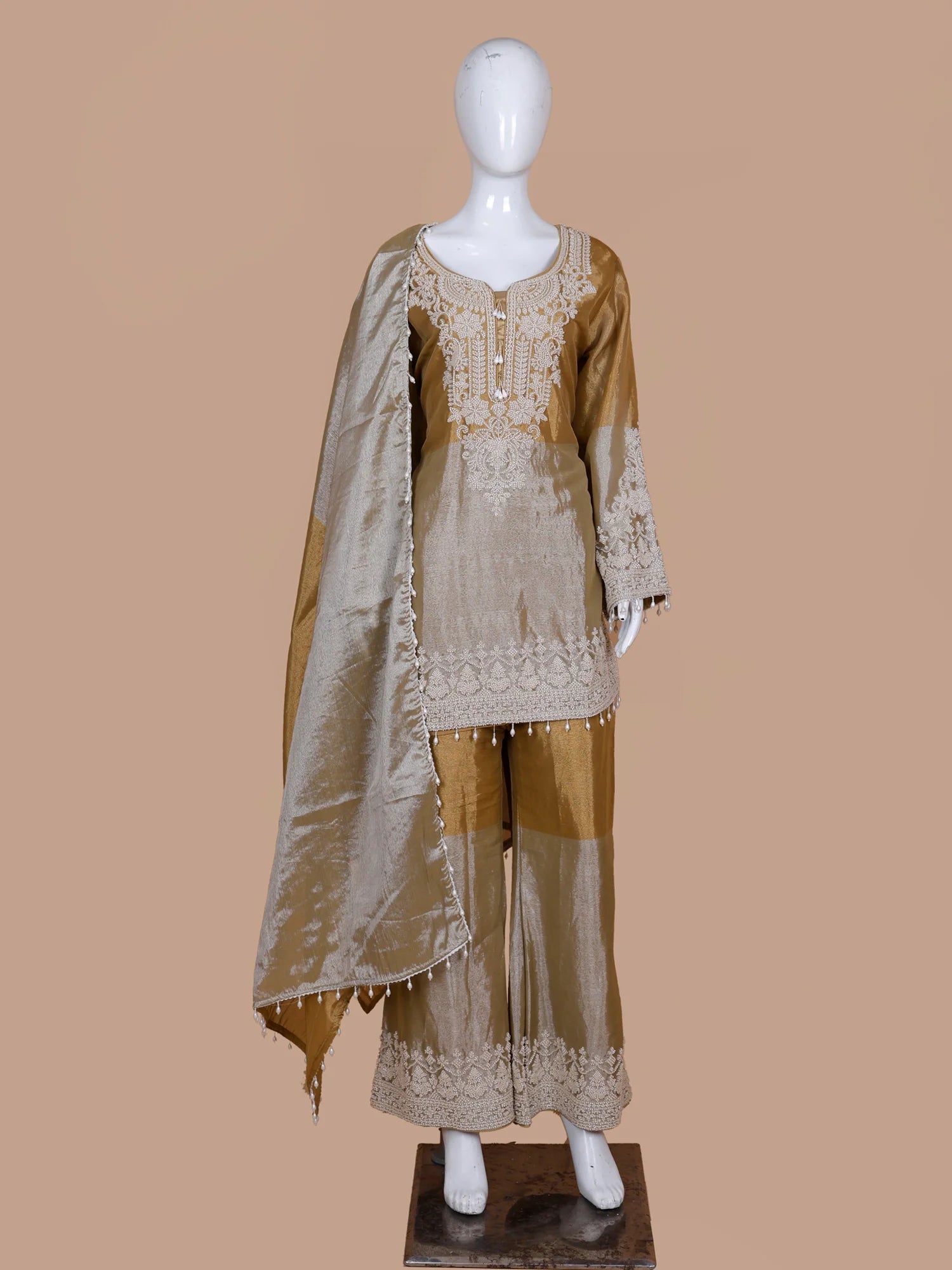Dual Tone Shimmer Organza Salwar Suit In Bead Pearl Detailing