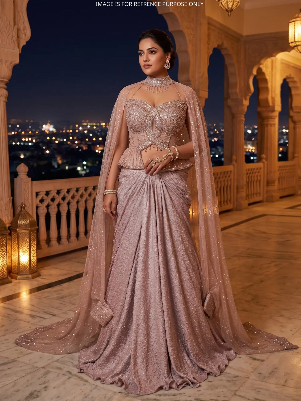 Unique Light Pink Imported Ready To Wear Saree With Choker Dupatta