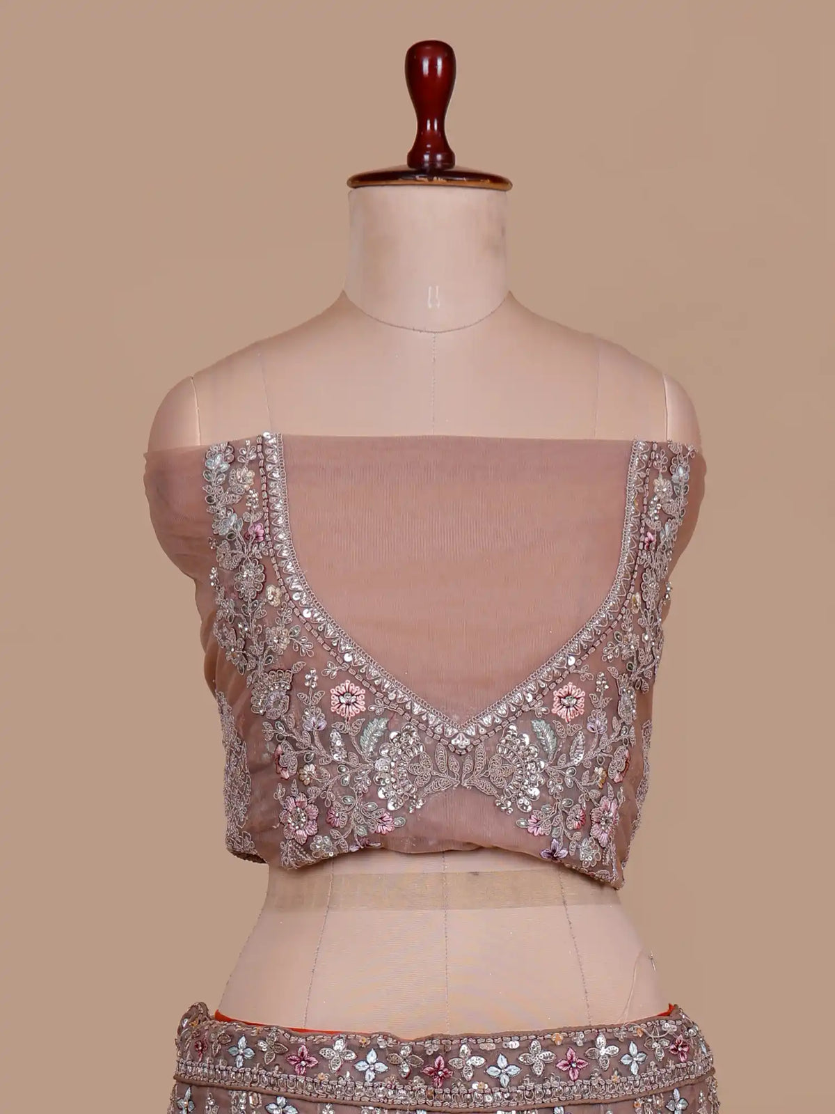 Get Chickoo Net Unstitched Lehenga With Multi Thread Floral Sequin Detailing