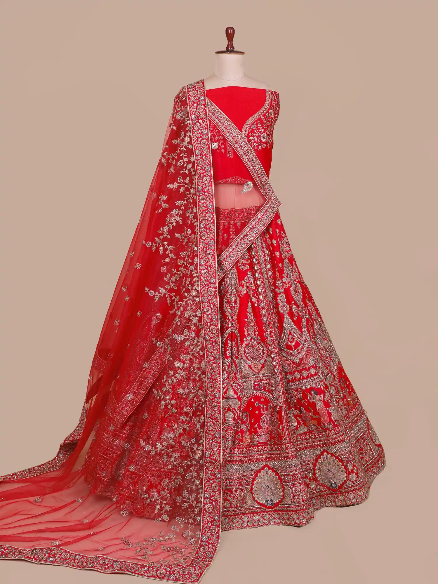 Bridal Story Red Silk Unstitched Lehenga With Peacock Musician Embroidery
