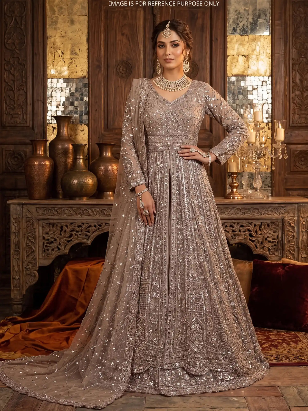 Unveil Dark Copper Designer Net Long Lehenga With Center Cut Design