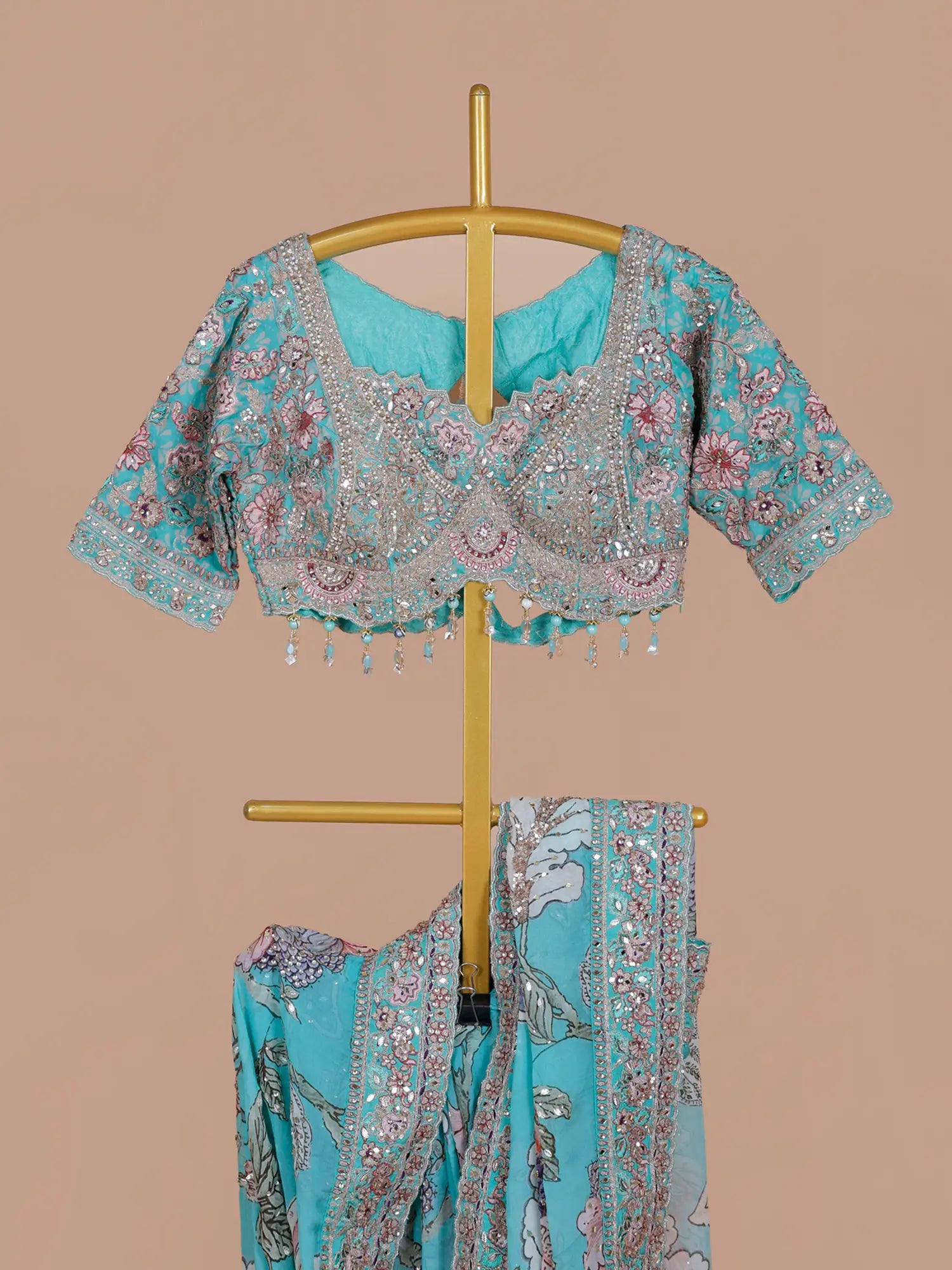 Sky Blue Printed Silk Saree Showcasing Multi-Thread Embroidery