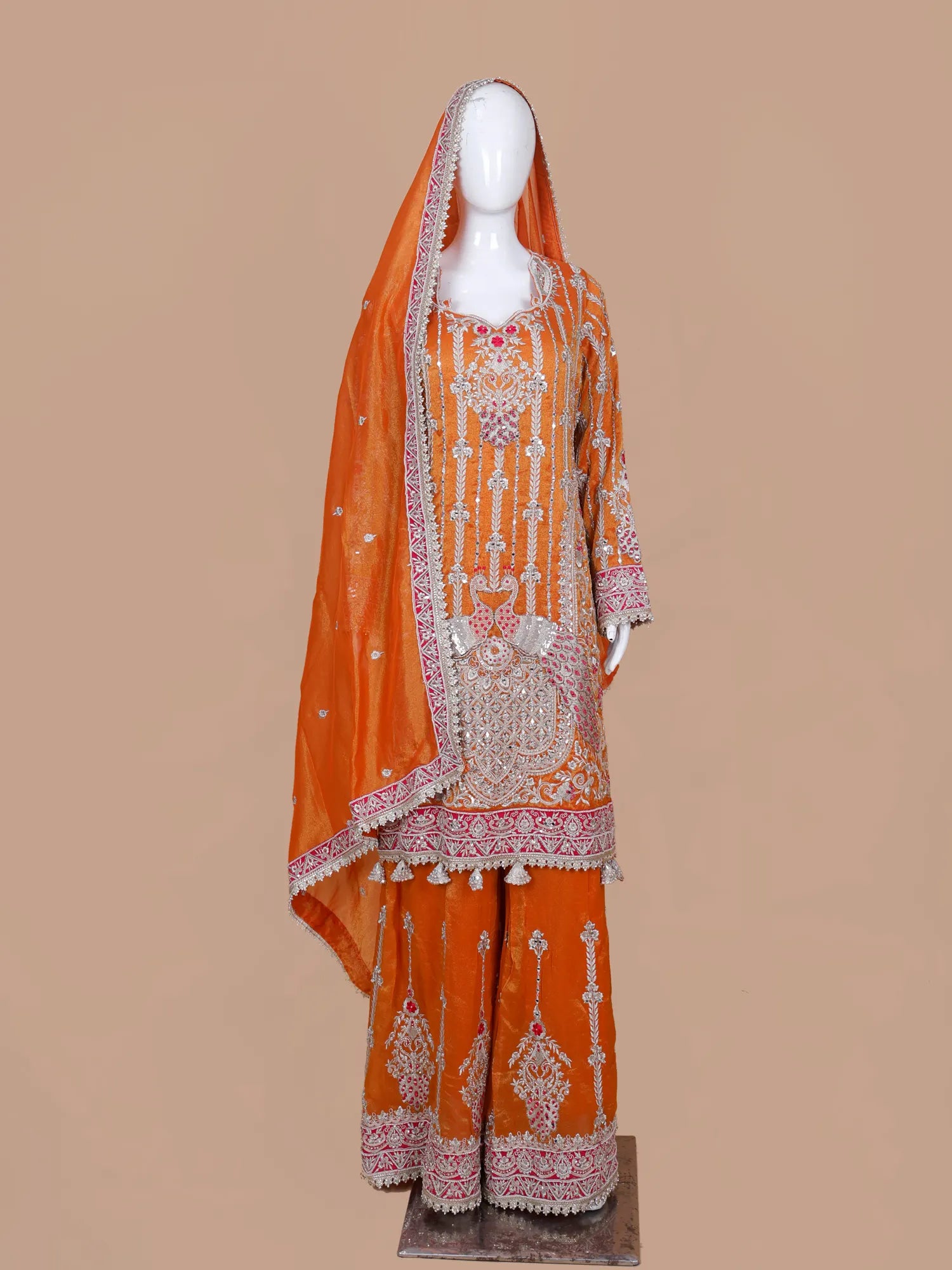 Rust Orange Designer Organza Palazzo Suit With Peacock Figure Art