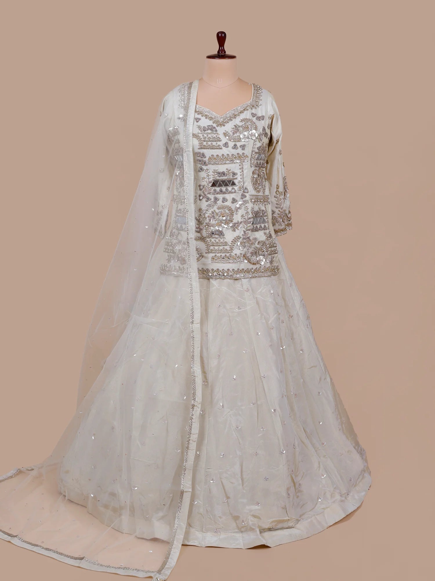 Designer Festive Wear Cream Peplum Lehenga With Beads Work
