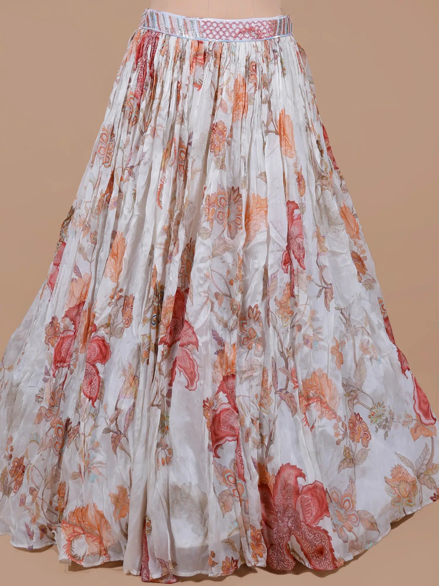 Multi Color Floral Designer Crepe Silk Lehenga With Moti Design