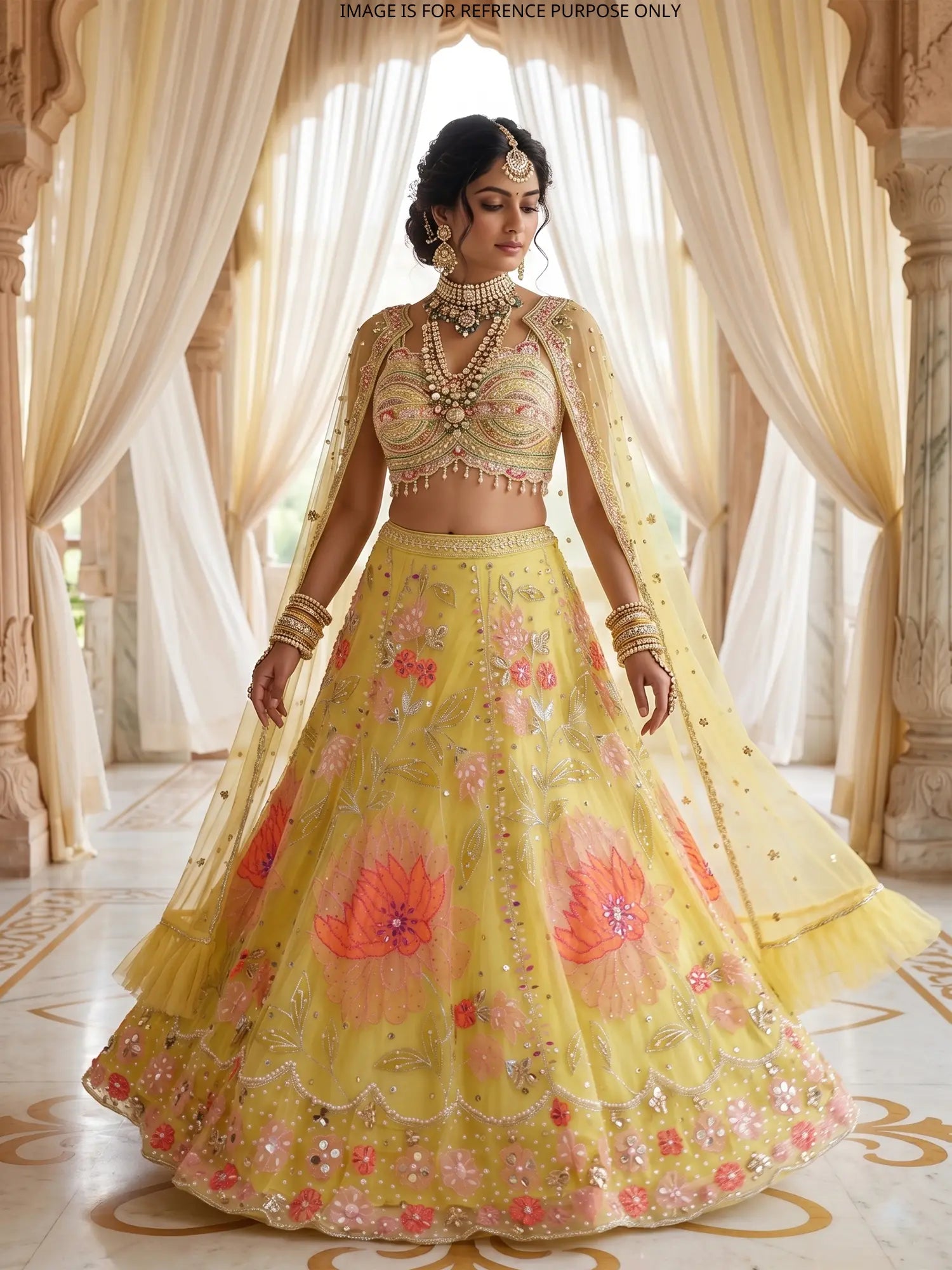 Wedding Wear Yellow Net Lehenga With Cut Dana Work