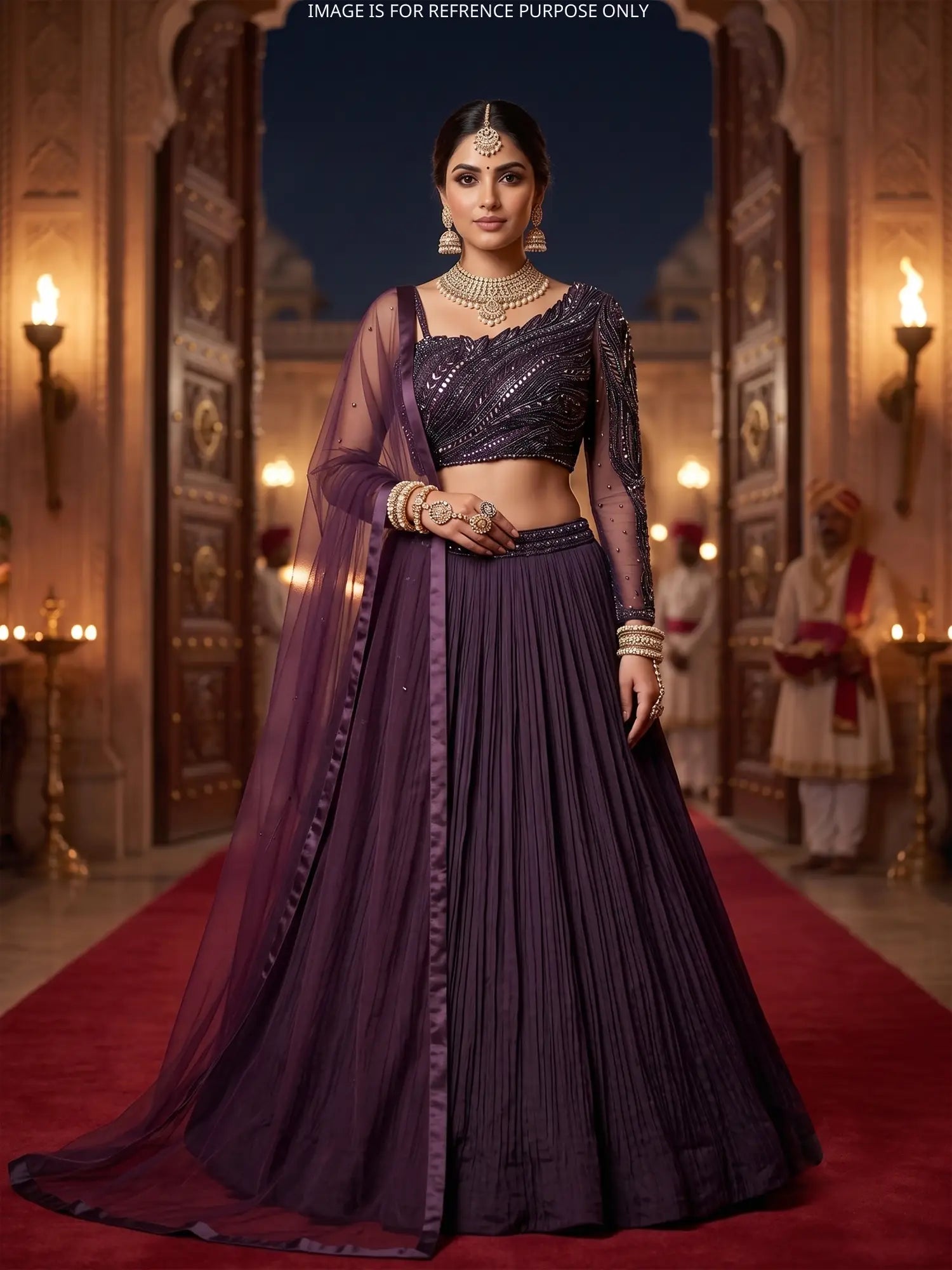 Wine Chinon One-Sleeve Designer Lehenga With Moti Sequin Detailing