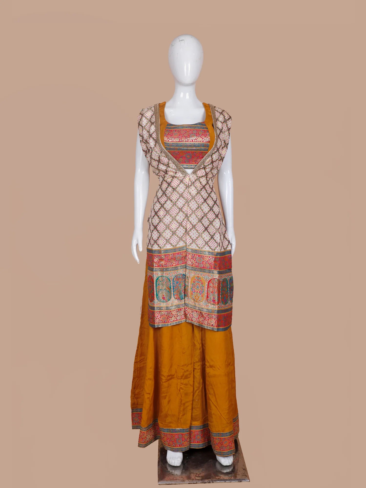 Mustard Yellow Silk Indo Western Palazzo Suit Featuring Long Shrug