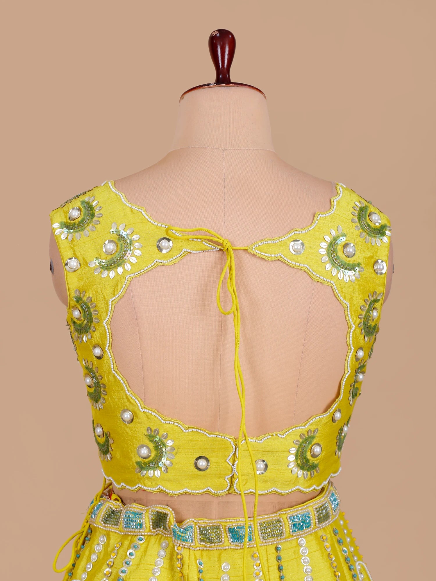 Yellow Silk Noorafza Pearl Moti lehenga for bride haldi look