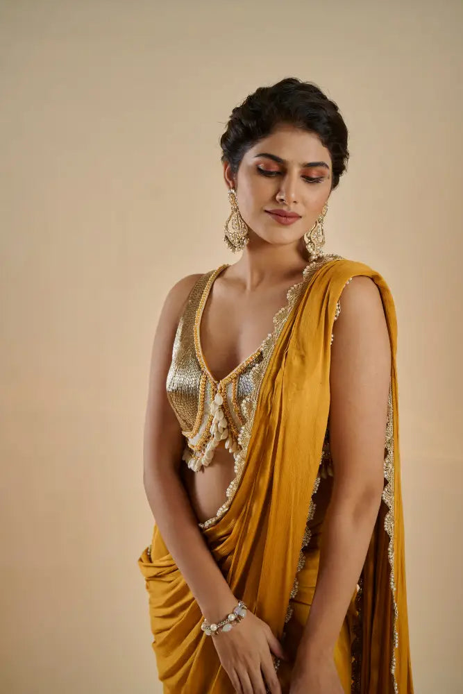 Artistic Mustard Gold Saree In Crepe Silk With Handmade Detailing Saree