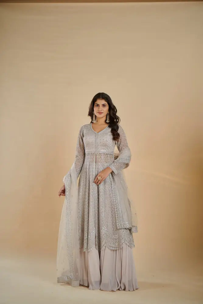 Beautiful Indo Western In Soft Grey With Floral Handcrafted Detailing Indo Western