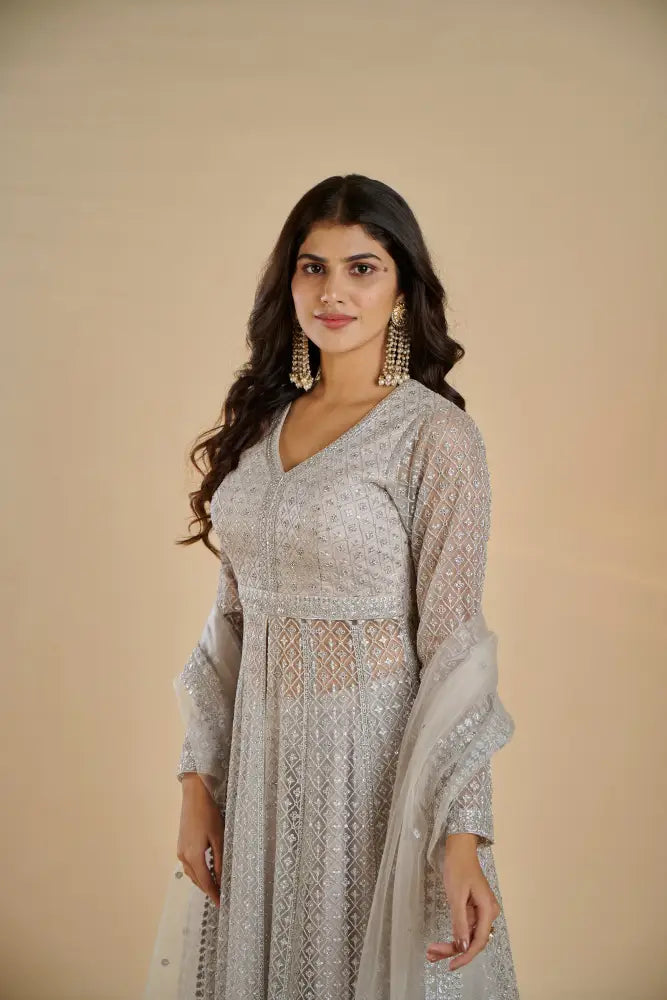 Beautiful Indo Western In Soft Grey With Floral Handcrafted Detailing Indo Western