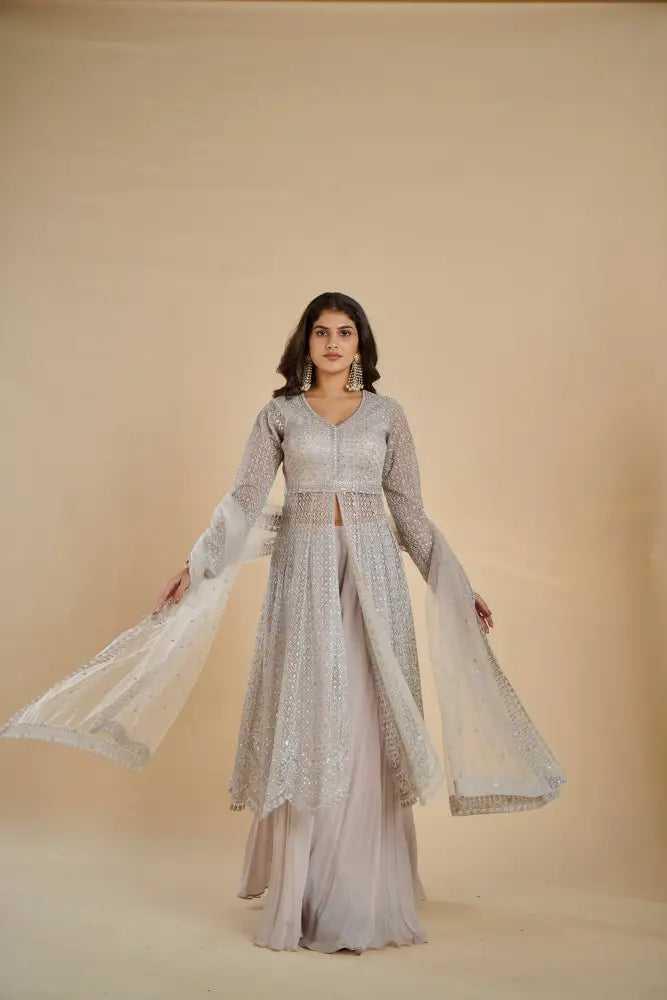 Beautiful Indo Western In Soft Grey With Floral Handcrafted Detailing Indo Western