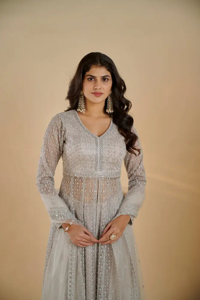 Beautiful Indo Western In Soft Grey With Floral Handcrafted Detailing Indo Western