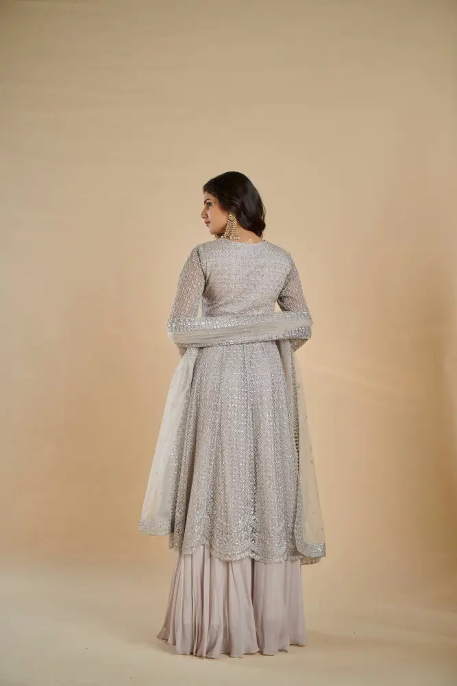 Beautiful Indo Western In Soft Grey With Floral Handcrafted Detailing Indo Western