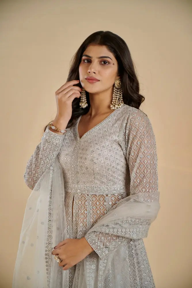 Beautiful Indo Western In Soft Grey With Floral Handcrafted Detailing Indo Western